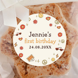 Pegatina Redonda Un arcoiris retro groovy primer cumpleaños