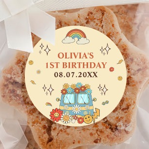 Pegatina Redonda Un arcoiris retro groovy primer cumpleaños