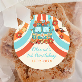 Pegatina Redonda Un arcoiris retro groovy primer cumpleaños