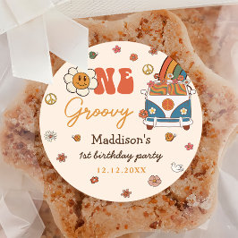 Pegatina Redonda Un arcoiris retro groovy primer cumpleaños