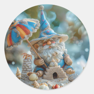 Pegatina Redonda Un bonito gnomo de playa con un paraguas