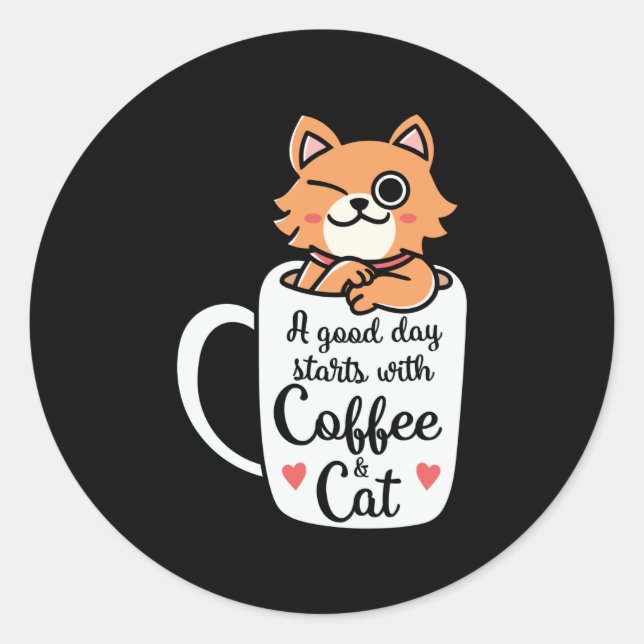 Pegatina Redonda Un buen día empieza con café y gato (Anverso)