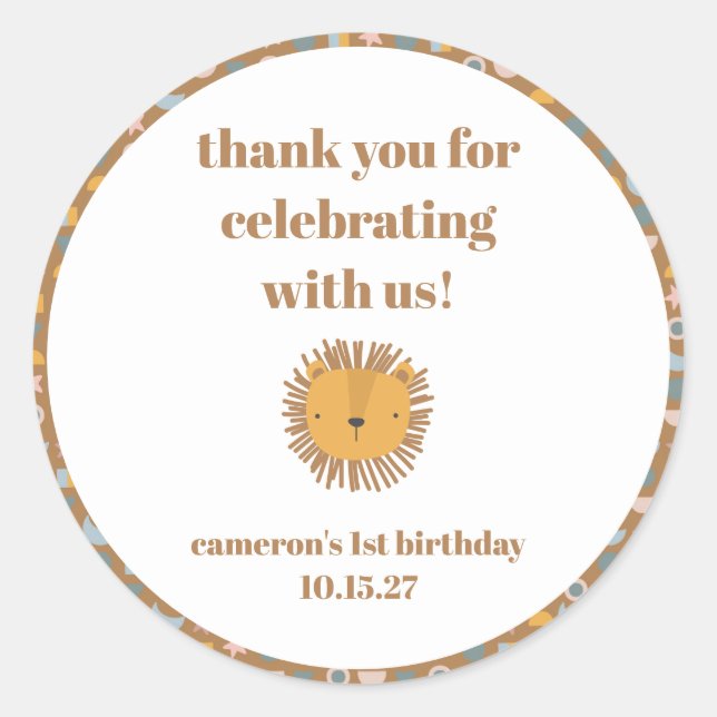 Pegatina Redonda Un buen león bebé Personalizado animal Cumpleaños  (Anverso)