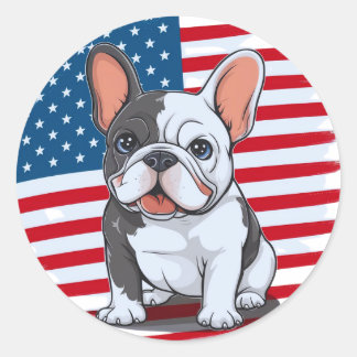 Pegatina Redonda Un bulldog francés personalizado con bandera estad