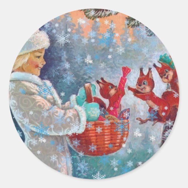 Pegatina Redonda Un Chica Bonito y ardillas en Navidades (Anverso)