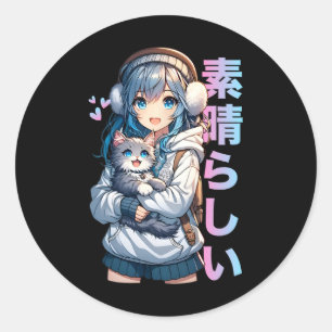 Pegatina Redonda Un Chica De Anime Cuerdo Con Un Gato Para El Gato