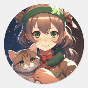 Pegatina Redonda Un Chica de anime lindo con Navidades gatitos