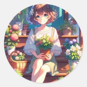 Pegatina Redonda Un Chica de anime lindo sostiene una planta