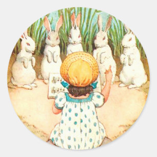 Pegatina Redonda Un conejo vintage cantando con un saludo de Pascua