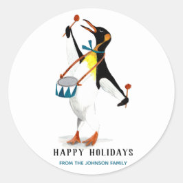 Pegatina Redonda Un divertido músico de pingüino blanco y negro con