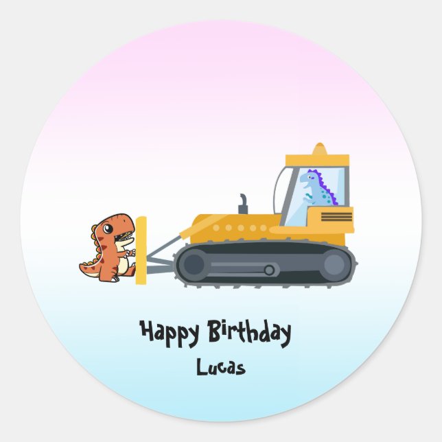 Pegatina Redonda Un divertido tractor de dinosaurios de vuelta a la (Anverso)