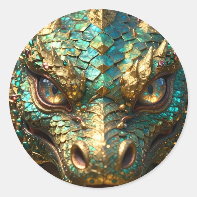 Pegatina Redonda Un dragón místico turquesa y dorado (Anverso)