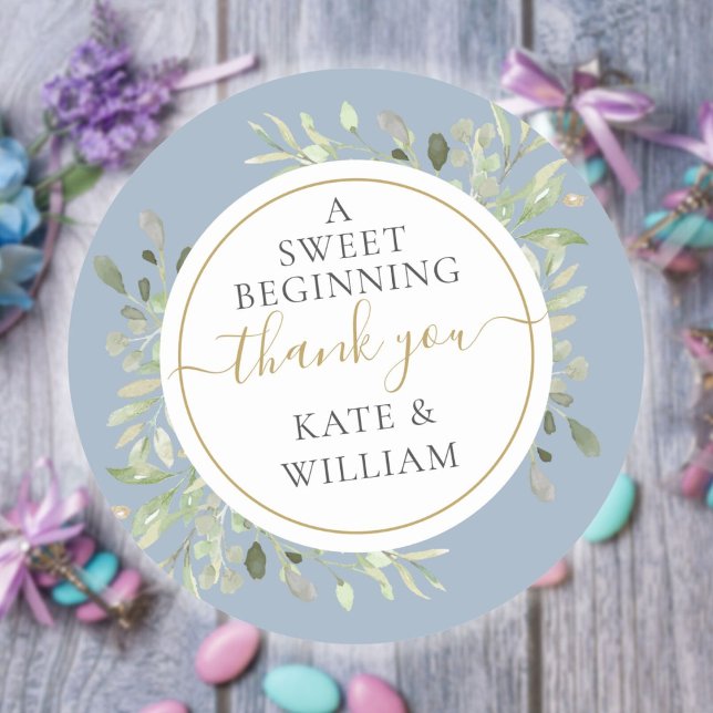 Pegatina Redonda Un dulce Boda de la vegetación azul turbia que com (A Sweet Beginning Dusty Blue Greenery Wedding Classic Round Sticker)