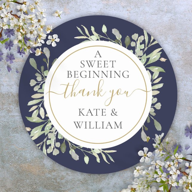 Pegatina Redonda Un dulce comienzo Boda de azul marino y vegetación (A Sweet Beginning Navy Blue Greenery Wedding Classic Round Sticker)