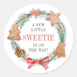 Pegatina Redonda Un dulce está en camino Navidades Baby Shower