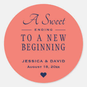 Pegatina Redonda Un dulce fin a la boda azul y de coral