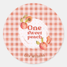 Pegatina Redonda Un Dulce Melocotón Cumpleaños 1º Rústico Gingham
