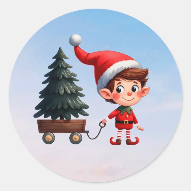 Pegatina Redonda Un elfo Navidad lindo tirando de un vagón con un á (Anverso)