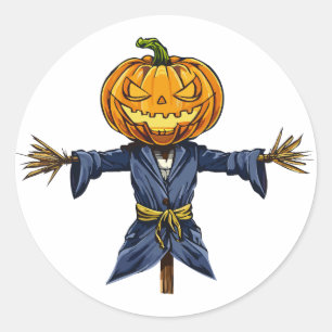 Pegatina Redonda Un espantapájaros espeluznante de Halloween con un