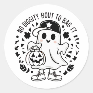 Pegatina Redonda Un fantasma lindo sostiene una bolsa de calabaza
