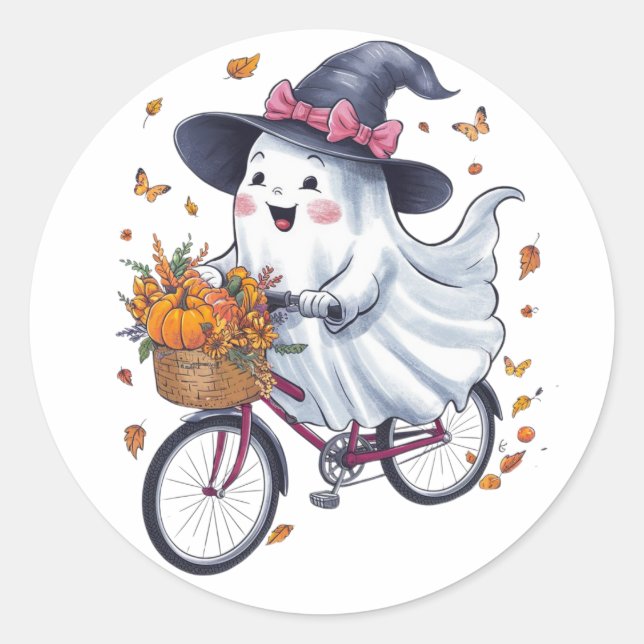Pegatina Redonda Un fantasma montando una bicicleta (Anverso)