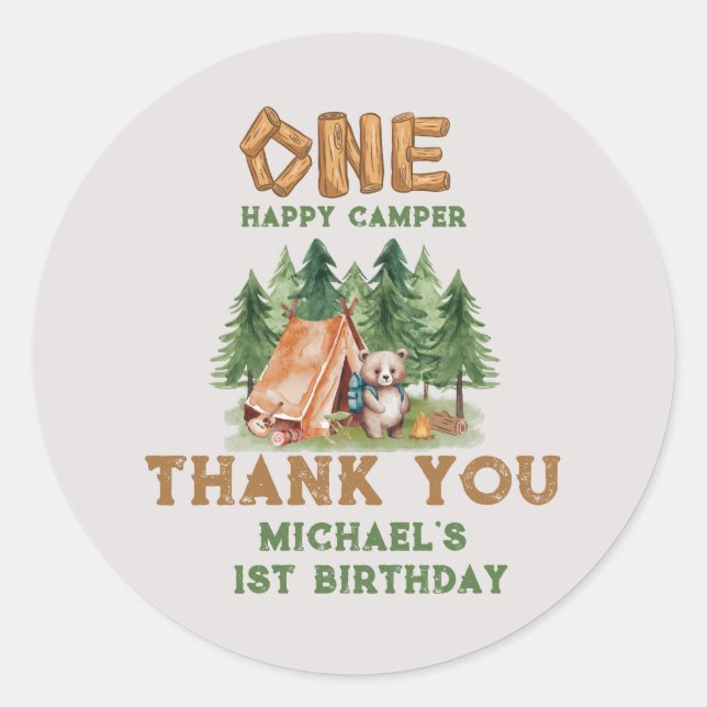 Pegatina Redonda Un feliz Camper Woodland Watercolor Primer Cumplea (Anverso)