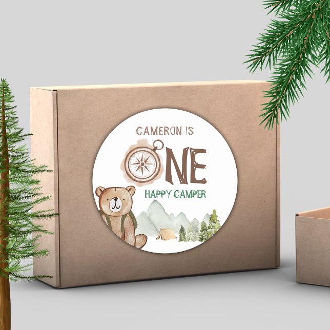 Pegatina Redonda Un feliz Oso de Camper Woodland primer cumpleaños (Subido por el creador)