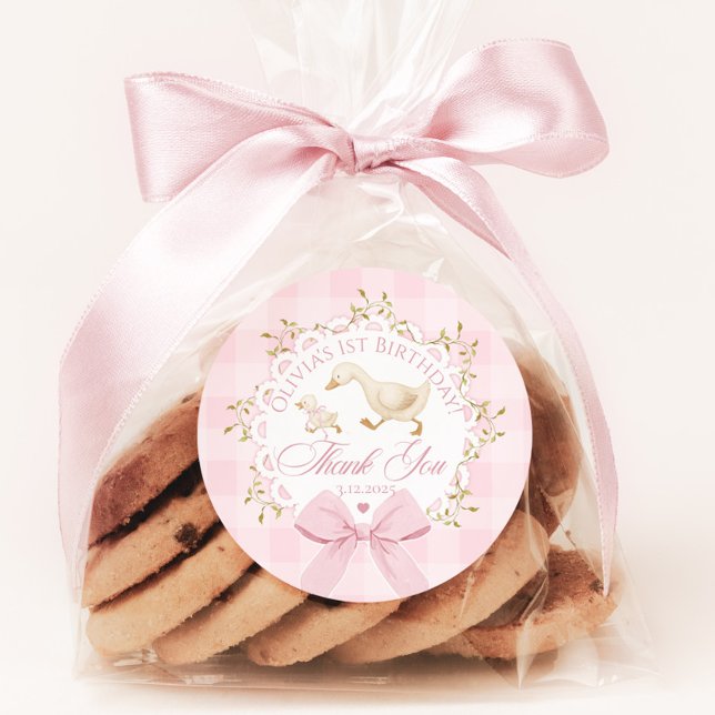 Pegatina Redonda Un ganso tonto rosa a cuadros caprichoso Gracias (Subido por el creador)