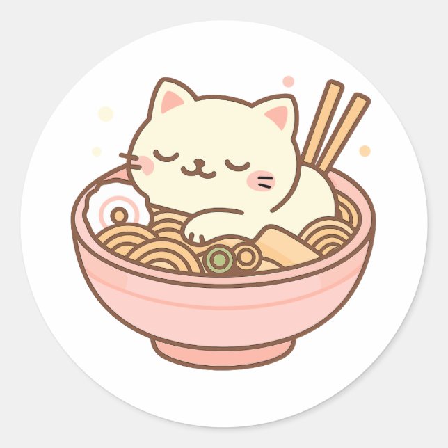Pegatina Redonda Un gatito kawaii durmiendo en un bol de Ramen (Anverso)