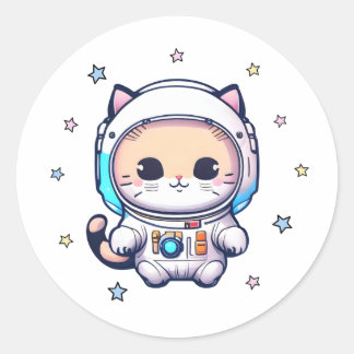 Pegatina Redonda Un Gato Aburrido En Un Traje Astronauta Flotando E