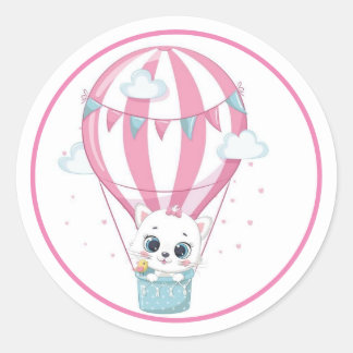 Pegatina Redonda Un gato bebé en un globo rosa