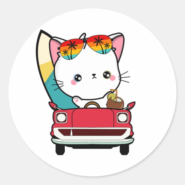 Pegatina Redonda Un gato blanco gracioso conduce a la playa (Anverso)