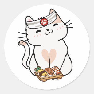 Pegatina Redonda Un gato blanco gracioso es un chef de sushi