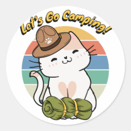 Pegatina Redonda Un gato blanco gracioso quiere ir de campamento