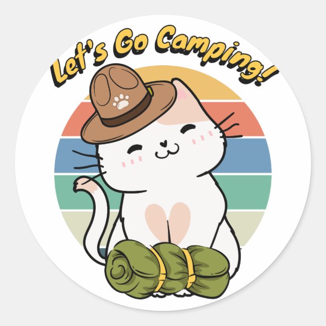 Pegatina Redonda Un gato blanco gracioso quiere ir de campamento (Anverso)