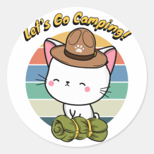 Pegatina Redonda Un gato blanco gracioso quiere ir de campamento