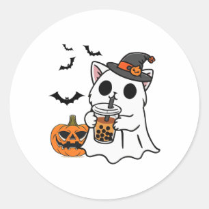 Pegatina Redonda Un Gato De Halloween Con Vestido De Fantasma Beber