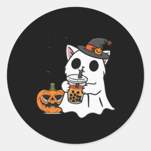 Pegatina Redonda Un Gato De Halloween Con Vestido De Fantasma Beber