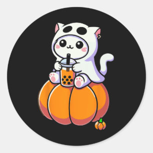 Pegatina Redonda Un Gato De Halloween Con Vestido De Fantasma Beber