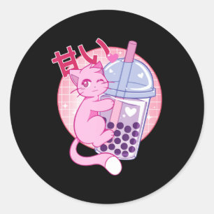 Pegatina Redonda Un gato divertido Boba Tea Bubble Tea Anime Kawaii
