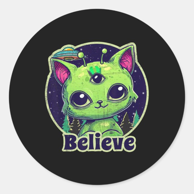 Pegatina Redonda Un Gato Extranjero Creía En Ufo Kawaii (Anverso)