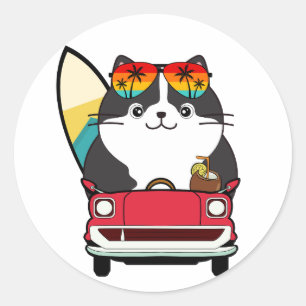 Pegatina Redonda Un gato gordo gracioso está conduciendo a la playa