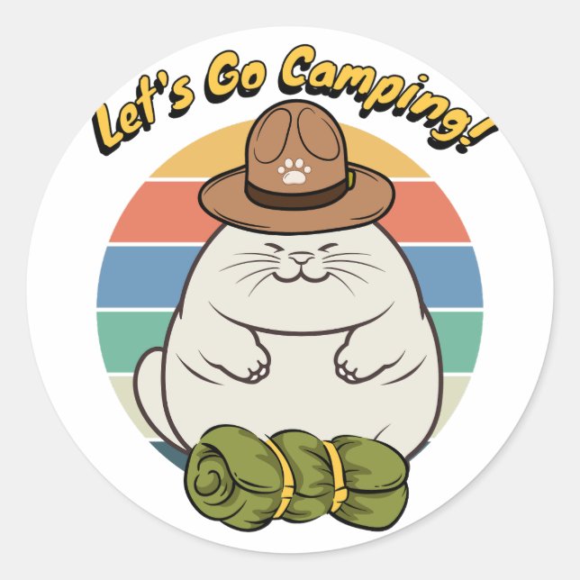 Pegatina Redonda Un gato gordo gracioso quiere ir de campamento (Anverso)