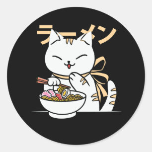 Pegatina Redonda Un gato lindo comiendo Ramen Regalo para Cat & R