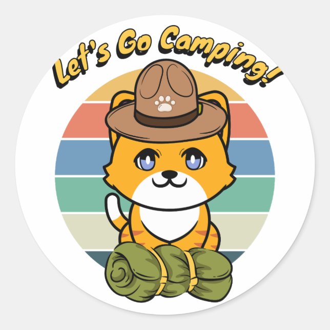 Pegatina Redonda Un gato Naranja gracioso quiere ir de campamento (Anverso)