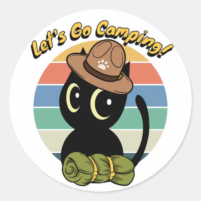 Pegatina Redonda Un gato negro gracioso quiere ir de campamento (Anverso)