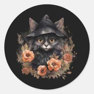Pegatina Redonda Un gato negro lindo en el Gorra de una bruja