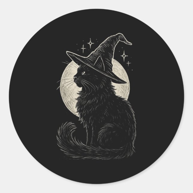 Pegatina Redonda Un gato negro lindo Gorra Moon Retro Coquette Boho (Anverso)