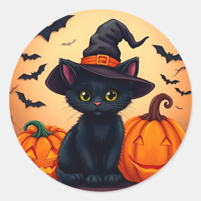 Pegatina Redonda Un gato negro y blanco en un Gorra de brujas rodea (Anverso)