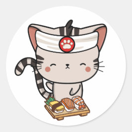 Pegatina Redonda Un gato satby gracioso es un chef de sushi